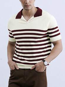 Officeau 春夏新款男士毛衣，复古商务休闲宽松条纹短袖V领套头针织衫，春夏皆宜 - 白色 - 查看 3