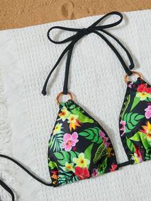 Summer Newest Floral Print Halter Tie Up Sexy Bikini Set - Multicolor - View 6