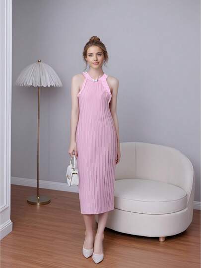 Vestido largo con hombro y recortados, sensual y elegante,Vestido ajustado sin mangas con abertura y teñido anudado para mujer en verano,Vestido de punto acanalado entallado