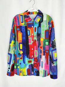 Geometric Print Minimalist Style Button Front Long Sleeve Shirt, Casual