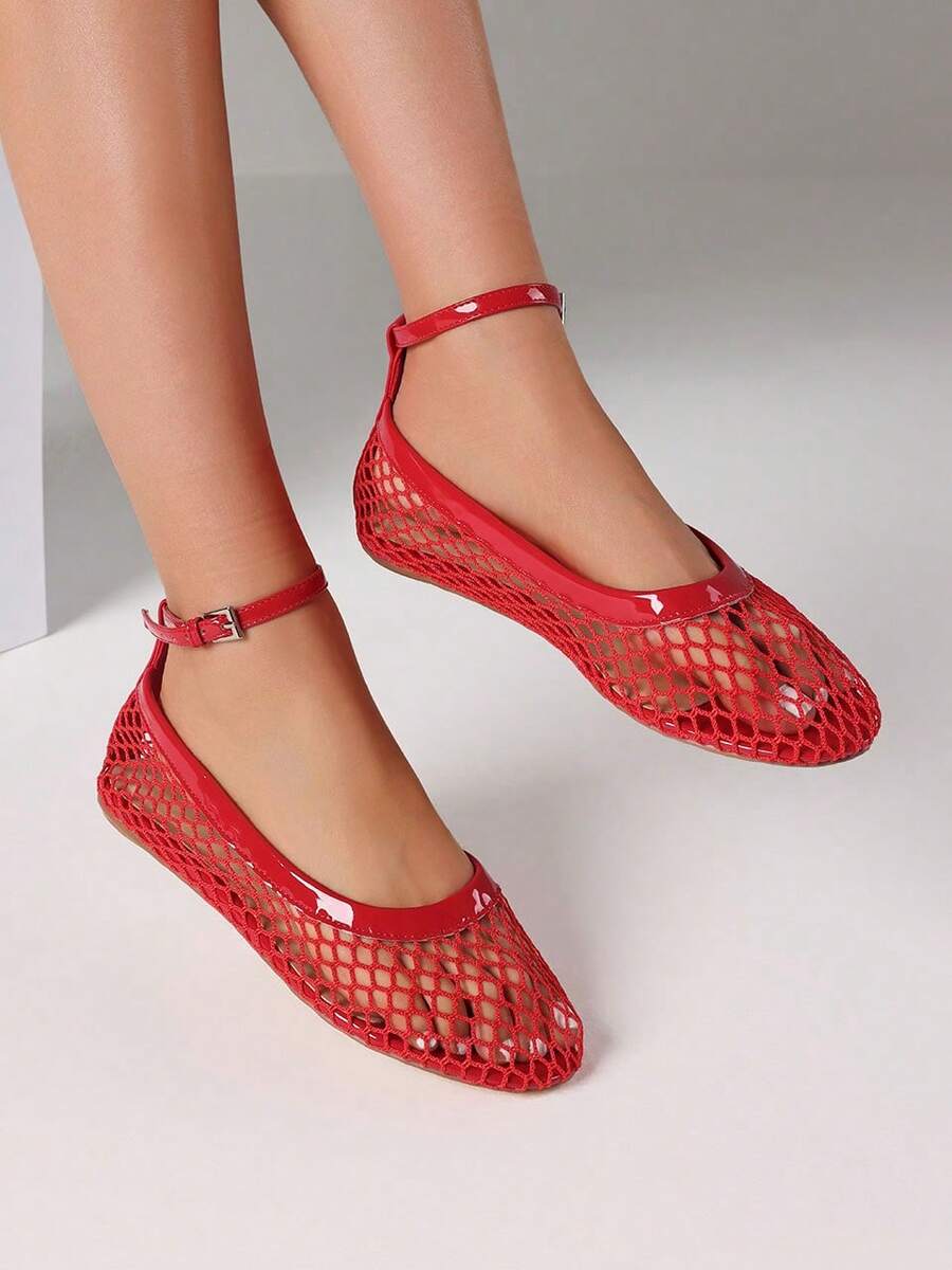 Mesh Ballet Women Flat Sandals Breathable Comfortable Ankle Buckle Strap Lightweight Soft Beach Vacation Fishnet Casual Summer Flats Shoes - 紅色 - 查看 1