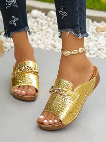 Plus Size 36-45 Summer Fashion Casual Gold Crocodile Pattern Wedge Slide Sandals, Metal Buckle Roman Style, Lightweight & Comfortable, Versatile Gold Ladies Wedge Platform Sandals - 金色鱷魚紋 - 查看 3