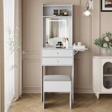 Vanity Table With 3 Adjustable Lighted Mirrors, Vanity Set For Small Spaces, Dressing Table With Folding Panel For Bedroom - White - View 7