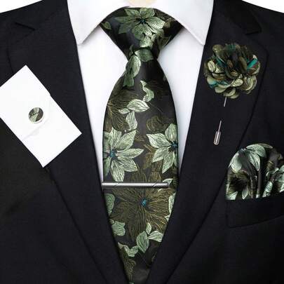 1/2/3/4/5 Pcs Set Men Floral Print Necktie, Silk Satin Tie, Silver Tie Clip, Pocket Square, Cufflinks And Brooch Combination Gift Set, Suitable For Father Day, Anniversary, Birthday And Other Occasions. Classic Floral Pattern Perfectly Matches Tuxedo, Making You Distinct In Any Occasion. Great For Business, Ball, Wedding, Banquet, Ceremony, Formal Meeting, Casual Party And Important Moments Men Necktie