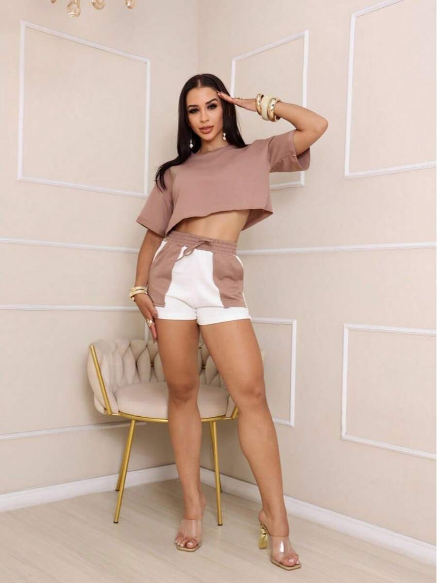 Women's Sweatshirt Set Short Shorts High Waist And Cropped Top Sweatshirt 2024 - 駝色 - 查看 1