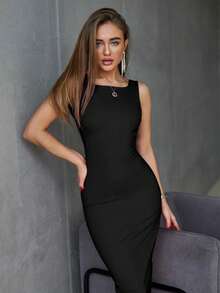 Träumerischer Spaghetti-Träger rückenfreies midi-langes figurbetontes Kleid, Sommer Bandage Kleid, schwarzes elegantes Cocktailparty Abendkleid, sexy Damenoberbekleidung - Schwarz - Übersicht 3