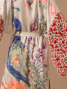 Women's Printed Beach Smock Peacock Pattern Positioning Printed Belt Holiday Sun Protection Long Cardigan - Apricot - View 5