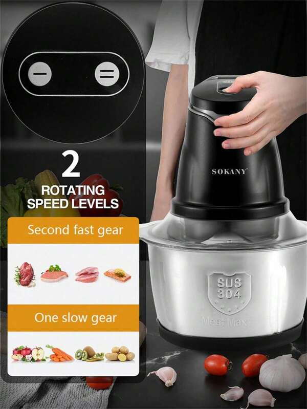 SOKANY Meat Grinder Electric Drain Filling & Grated Vegetable Filling, 2L Large Capacity Meat Grinder, Double Layer Four-Bladed Blade