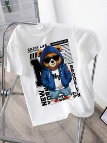 Tween Boys' Cartoon Print Short Sleeve Casual Practical T-Shirt - White - View 1