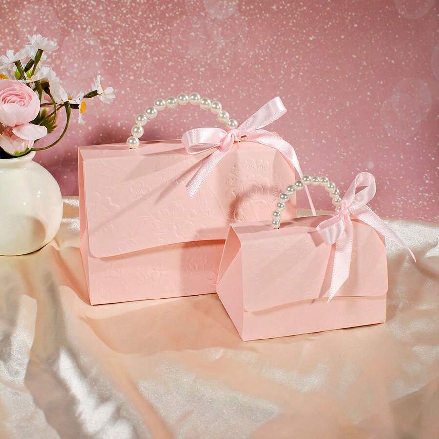 10 件迷你优雅礼品盒，带珍珠手柄和浮雕花卉图案、丝带蝴蝶结装饰、奢华钱包式设计，适合婚礼礼品、送礼会、新娘送礼会、生日、母亲节 - 粉色和白色糖果或珠宝盒 - 珍珠手提盒 - 查看 1