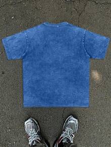Mysterious Desire Portrait Graphic Printed Men's Vintage Washed Cotton Tee Oversized Street Style Casual Summer T-Shirt - 寶藍色 - 查看 3