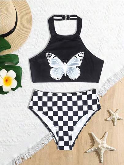 2 bộ đồ bơi Tankini in hình bướm cho bé gái tuổi mới lớn, đi biển và hồ bơi