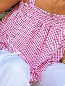 野餐纯色格子短款背心，适合夏季外出 - 粉色 - 查看 4