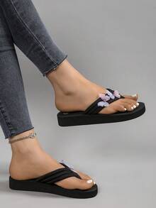 Women's Flat Slide Sandals - Black Flip Flops With Rhinestone Butterfly Decor, Soft Wedge Heels, Suitable For Beach, Outdoor, Travel - Black Purple - View 4