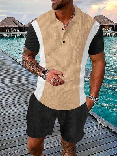 Plus Size Spring/Summer Waffle Fabric Printed Button Down Short Sleeve Polo Shirt Set