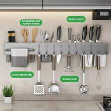 1pc Wall Mounted Kitchen Storage Rack Without Drilling, Multi-Functional Knife & Utensils Holder - 60cm - View 3