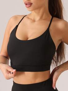 1pc Women Strappy Racerback Yoga Sports Bra With Removable Pads, Shockproof Wireless Fitness Bra