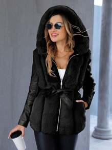 Giolshon 女士优雅仿皮草夹克，带兜帽、口袋和腰带，适合秋冬季穿着 - 黑色 - 查看 2