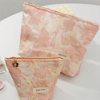 1 件粉色压花花朵化妆包花园风格便携式拉链护肤品收纳包旅行外出洗漱包帆布内袋，婚礼伴娘礼物，妈妈礼物，生日礼物，送给朋友和老师的礼物，家居装饰，浴室客厅卧室装饰，浴室收纳盒，珠宝收纳盒，唇油收纳盒，指甲油收纳盒