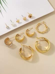 Set de 24 piezas/12 pares de pendientes metálicos elegantes con diseños de corazón y rayas para mujeres, con aros adornados con rhinestones y pendientes tipo botón simples, aptos para el uso diario y las vacaciones de verano casual - Dorado - Ver 5