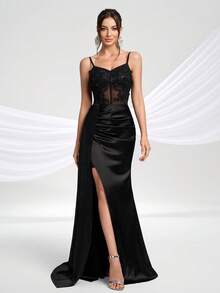 YISIKADO 女士优雅细肩带开叉大腿正式舞会礼服派对礼服婚礼宾客礼服舞会礼服婚礼宾客晚宴，适合晚会 - 黑色 - 查看 2