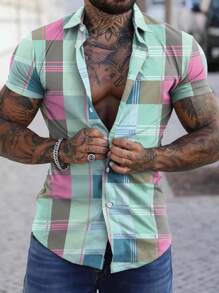 Camisa de manga corta de verano para hombre con estampado a cuadros de moda
