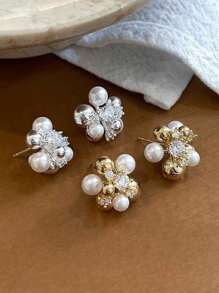 topshiny 1 Pair Retro Elegant Metal Ball With Faux Pearl And Inlaid Crystal Stud Earrings For Women, Suitable For Party And Daily Wear