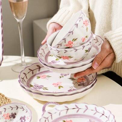 1 件紫荆花风格陶瓷碗，釉面彩绘碗 - 完美的花卉图案和精致的几何设计，有多种尺寸可供选择，适用于水果、蔬菜、沙拉、家庭、厨房、酒店、厨房用品、餐具搭配，是送给家人和朋友的完美节日礼物