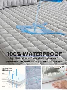 1件装防水绗缝床笠，床上用品，床单，床罩，柔软透气床垫罩，床垫保护罩，亲肤，弧形网格设计床单，防尘防滑，完美节日礼物，适用于单人/双人/标准双人/特大/大号床，可机洗 - 灰色 - 查看 5