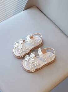 1 Pair New Fashion Toddler Girls Sandals, Flower & Pearl Hook And Loop Design, Non-Slip Soft Bottom Flat Shoes, Suitable For Summer