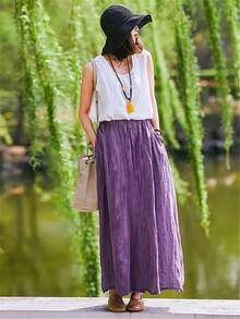 Women's Lavender Purple Vintage Style Maxi Skirt - Breathable Polyester, Loose Fit With Pockets, Spring/Summer Elegant Casual Design