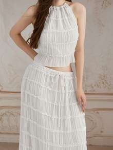 Camisetas sin mangas para mujer con cuello halter anudado, volantes y dobladillo plisado, sin espalda. - Blanco - Ver 4