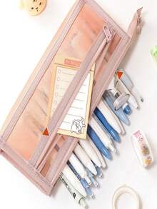 1 Pc Ins Style Simple Transparent Net Double-Layer Large Capacity Zipper Pencil Case, Student Exam Stationery Organizer - Multicolor - View 7