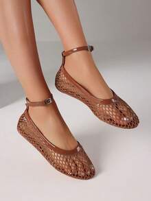 Mesh Ballet Women Flat Sandals Breathable Comfortable Ankle Buckle Strap Lightweight Soft Beach Vacation Fishnet Casual Summer Flats Shoes - 棕色 - 查看 1