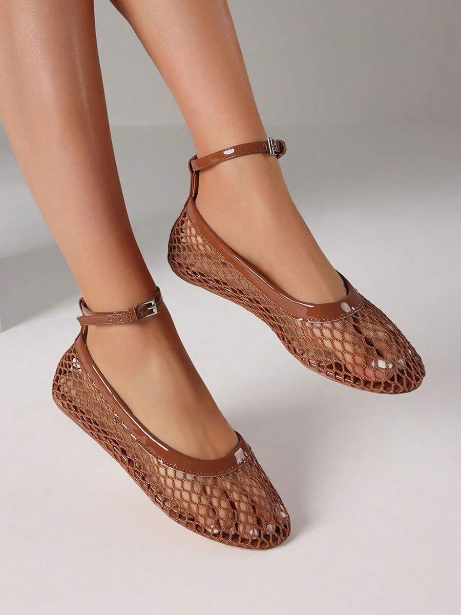 Mesh Ballet Women Flat Sandals Breathable Comfortable Ankle Buckle Strap Lightweight Soft Beach Vacation Fishnet Casual Summer Flats Shoes - 棕色 - 查看 1