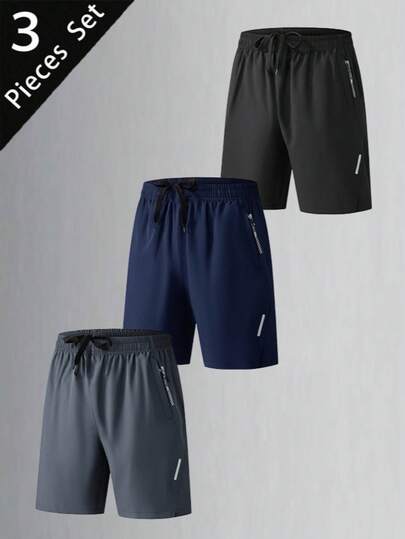 No015128712-0002 3pcs/Pack Men's Casual Fashionable Sports Running Gym Workout Shorts Black Summer