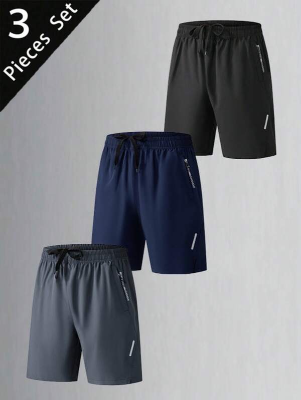 No015128712-0002 3pcs/Pack Men's Casual Fashionable Sports Running Gym Workout Shorts Black Summer