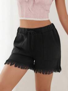 Women Lightweight Washed Denim Shorts, Casual Drawstring Hot Pants Elastic Waist Frayed Hem Loose Comfy Short Jeans - 黑色 - 查看 5