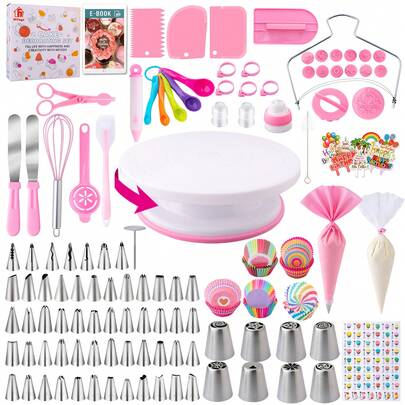 Cake Decorating Kit For Beginners Includes Video Course, EBook+ Baking Supplies - Cake Turntable, Pastry Piping Bag, Piping Icing Tips For Beginners