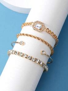 4件套女士个性朋克风扭链手链套装，镶钻手链，波西米亚风手镯，情人节配饰