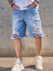 Men's New Casual Loose Ripped Knee 5-Inch Denim Shorts, & Slimming - Mint Blue - View 1