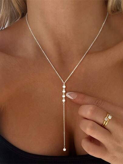 1 pieza Collar largo de plata con forma de Y con brillantes, collar largo de plata brillante y encantador para mujeres, adecuado para chicas, joyería glamorosa para fiestas, collar de verano para playa y viajes, adecuado para uso en fiestas, también un regalo para mamá