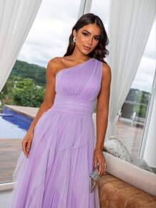 One-Shoulder Layered Bridesmaid Prom Dress - Lilac With Shine - View 2