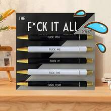 5pcs Set Funny Ballpoint Pen - 1.0mm Tip, Black Ink, Vivid Quotes, Profanity Design, Unique Office Gift For Colleagues, Personalized Daily Writing Ballpoint Pen Set With Humorous Slogans, Personalized Ballpoint Pen Set Back To School - Black and White Ballpoint Pen - View 2