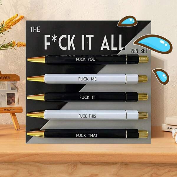 5pcs Set Funny Ballpoint Pen - 1.0mm Tip, Black Ink, Vivid Quotes, Profanity Design, Unique Office Gift For Colleagues, Personalized Daily Writing Ballpoint Pen Set With Humorous Slogans, Personalized Ballpoint Pen Set Back To School
