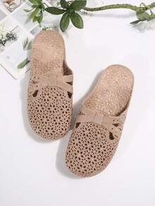 Dép lê nữ bằng nhựa PU thời trang, thoải mái, màu trơn, mũi tròn, kiểu dáng slip-on, nhẹ nhàng, chống thấm nước, cỡ lớn, đế mềm mại, dễ thương, thích hợp cho hoạt động ngoài trời, mùa hè, đi biển, nghỉ mát, dép hở mũi thoáng khí bằng nhựa PU, dép đi trong nhà cho nữ. - màu nâu - Xem 4