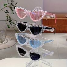 1 Pair Women's New Full Frame Cat Eye Style Glasses Fashion 'Birthday Queen' Letter Frame Retro White Glasses Artificial Pearl Decoration Multi-Color Unique Glasses Suitable For Birthday Party - 黑灰色 - 查看 4