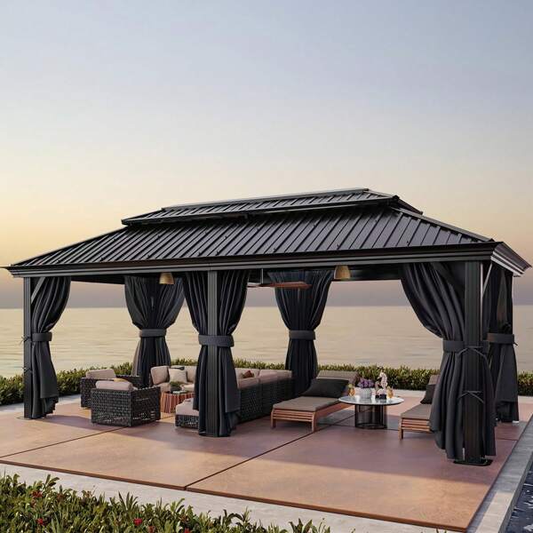 tooluck 12x20 Hardtop Gazebo With Metal Roof, Heavy Duty Galvanized Steel Gazebo With Reinforced Aluminum Frame, Flame-Resistant Curtains And Netting, Suitable For All-Weather, Black