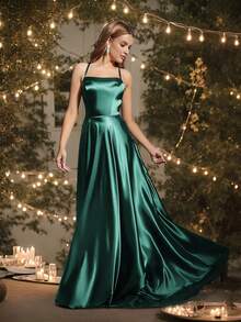 Babyonlinedress Women's Satin Prom Dress Spaghetti Straps Split Bridesmaid Long Formal Wedding Guest Evening Party Gowns - 墨綠色 - 查看 7