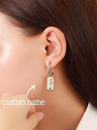 1Pair Personalized Engraved Initial Letter Birthstone Earrings With BirthFlower,Charm Engraved Name Month Birthflower Earrings,Custom Fashion Jewelry Gift For Women,Birthday Gift,Commemorative Gift